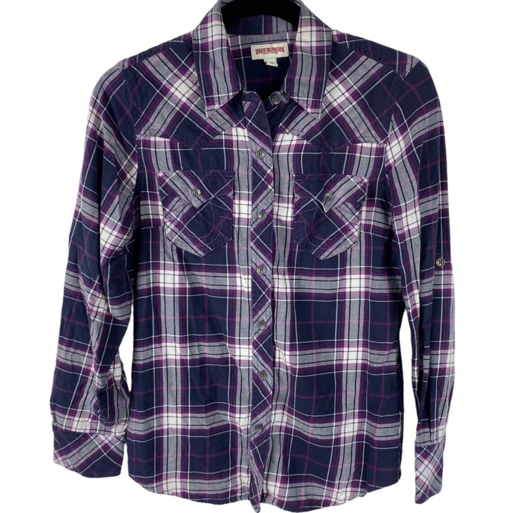 True Religion Snap Front Plaid Top Purple Size Small